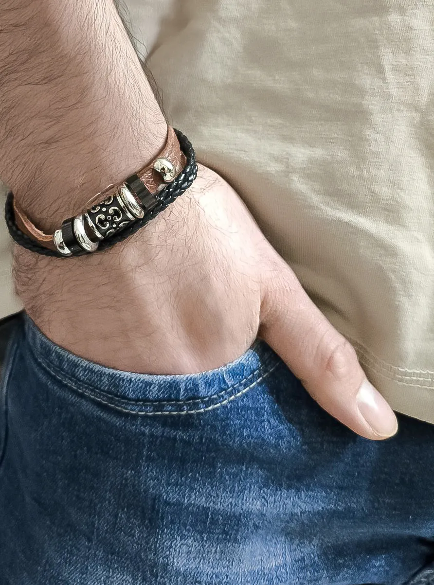 Ανδρικό βραχιόλι από ανοξείδωτο ατσάλι με δέρμα, free size, TRIBUTE, 0230376502